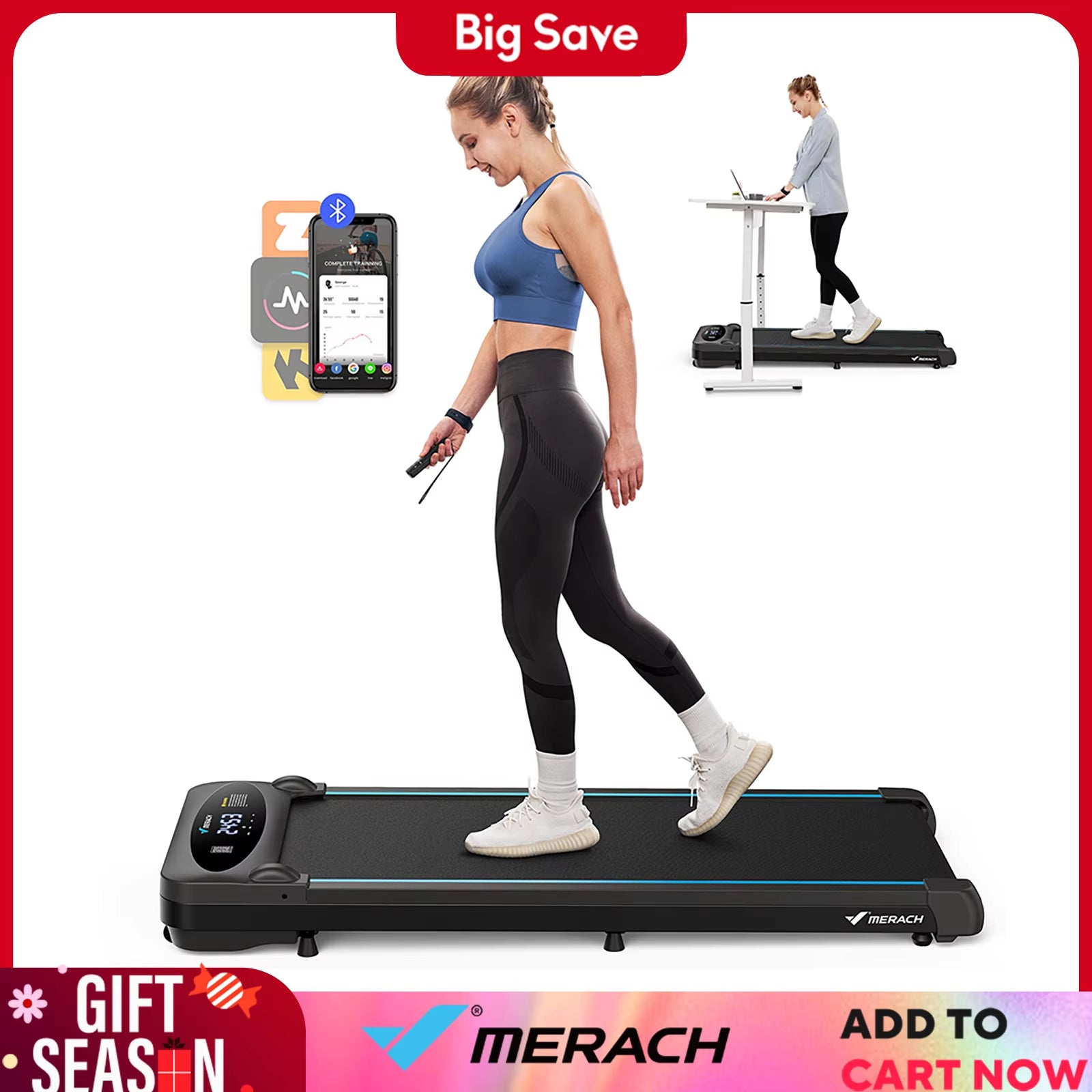 Walking Pad Treadmill under Desk 3In1 Home Gym Capacity 2.75HP Portable Magnetic Remote Control LED Display Non-Assembly